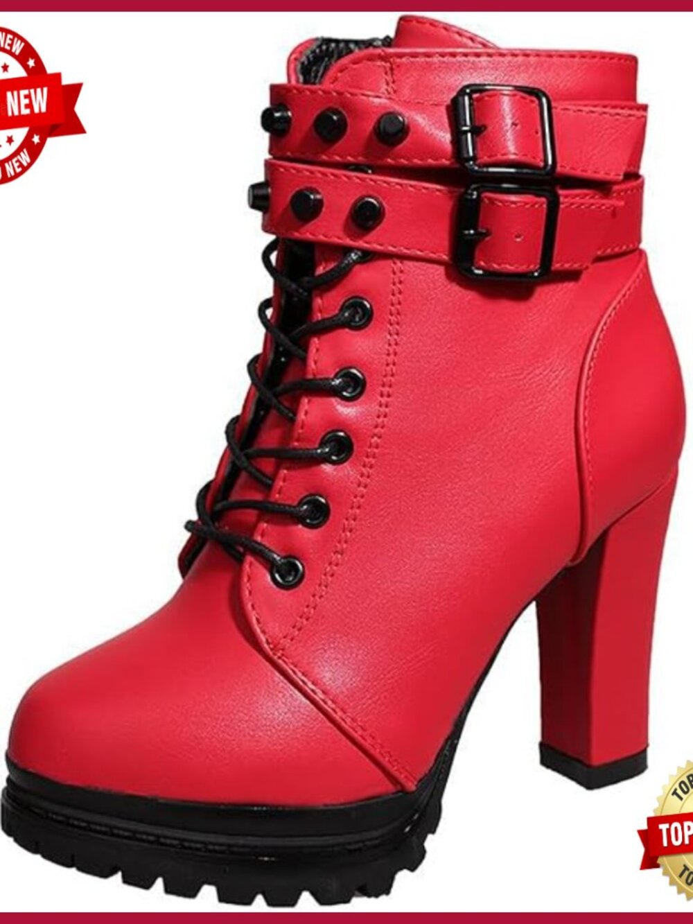 Women's Studded Chunky Heel Ankle Boots with Side Zipper Buckle Strap Lug Sole
